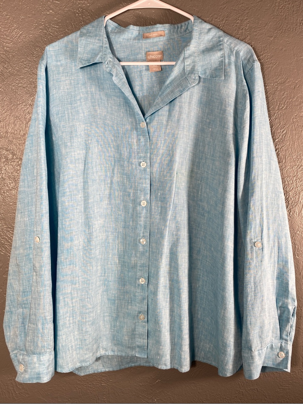 Chicos No Iron Shirt Womens 3.5 US 18 Blue 100% Linen Button Down Blouse